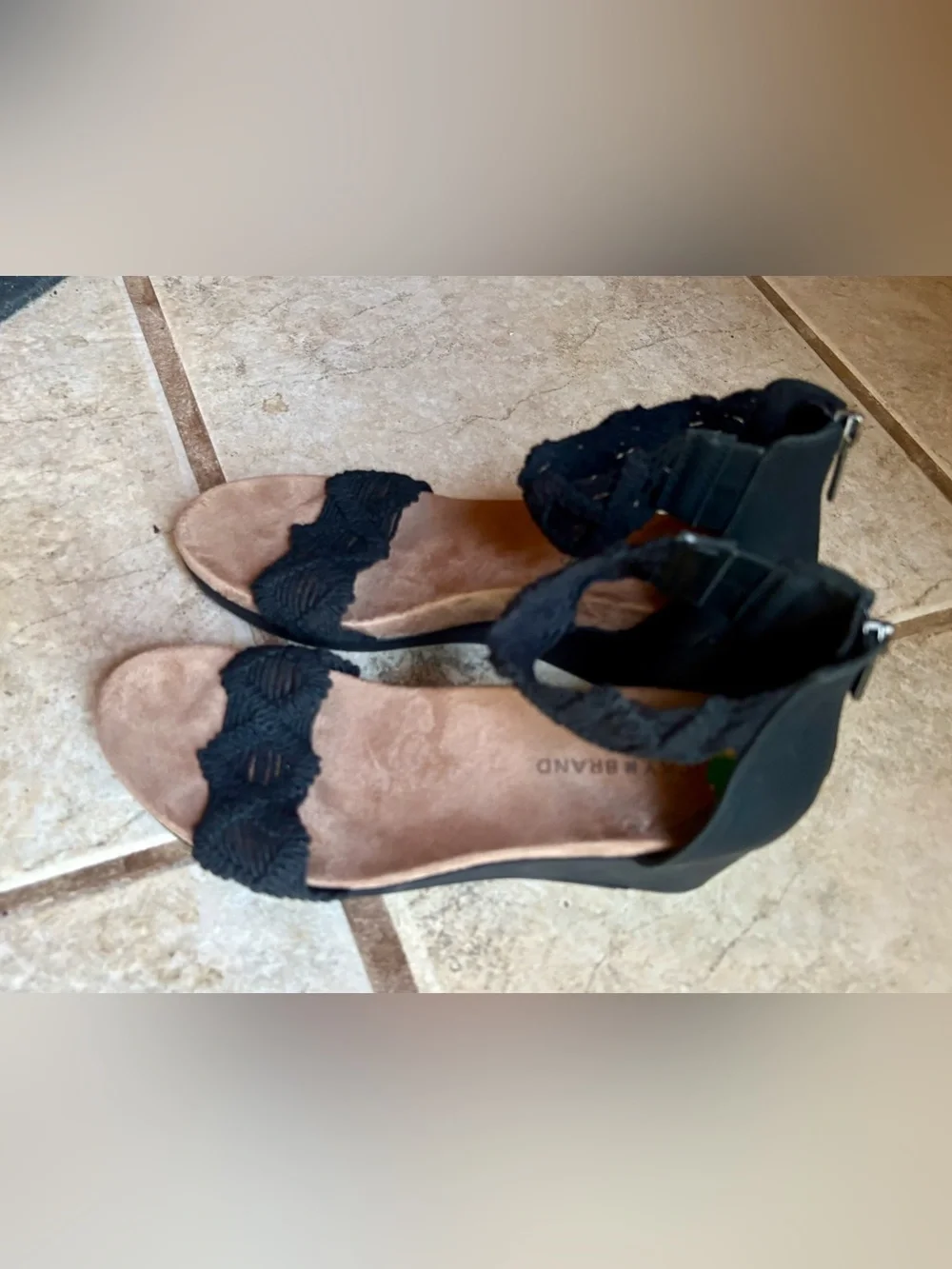 Lucky Brand Crocheted Black Wedge Strappy Wedges Sz 8